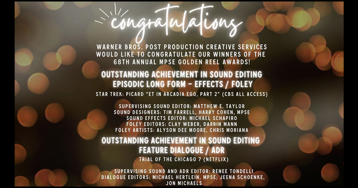 Congratulations to Our Winners of the 68th Annual MPSE Golden Reel Awards